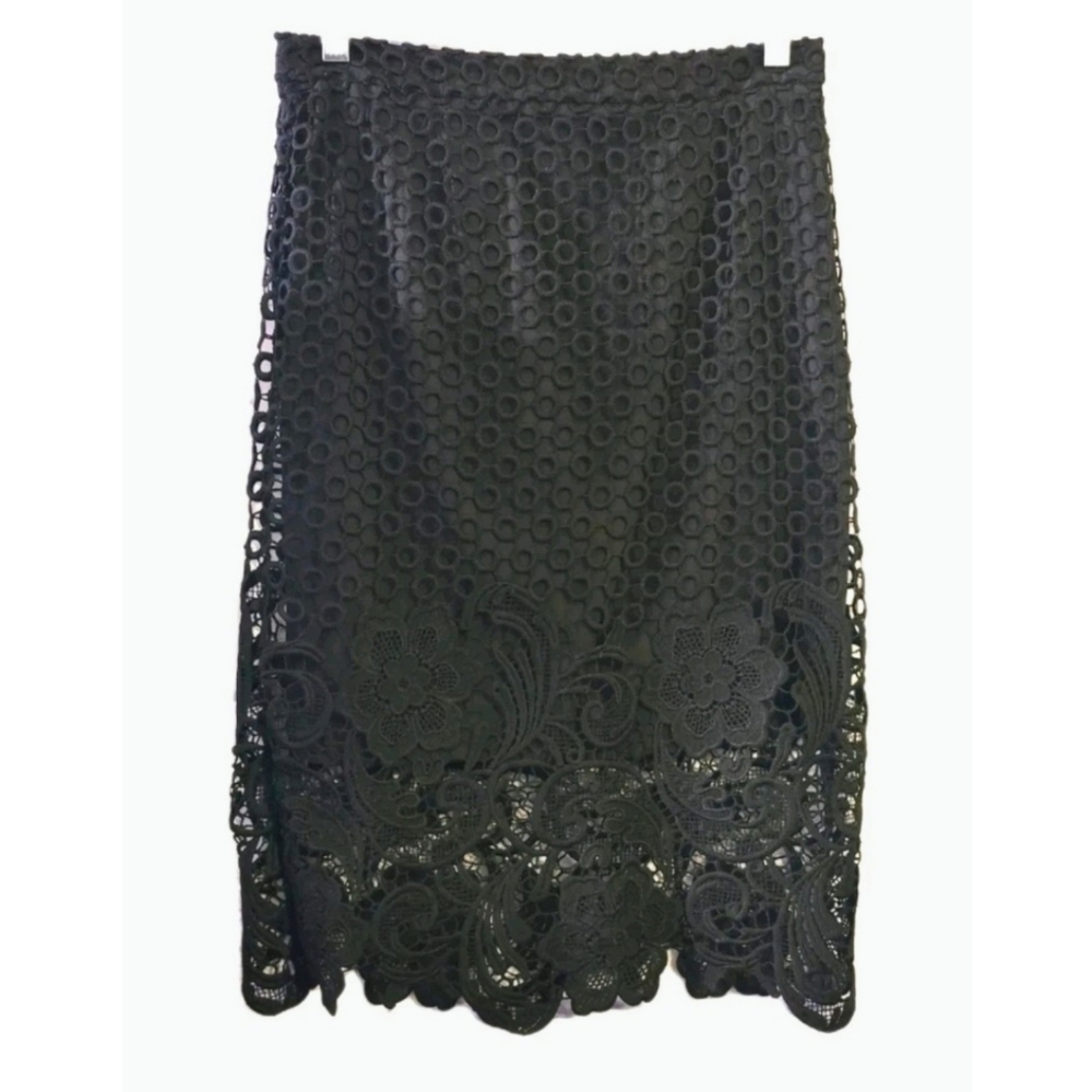 Andrew Marc Crochet Lace Overlay Skirt Midi Black Womens Size 2 Boho Festival